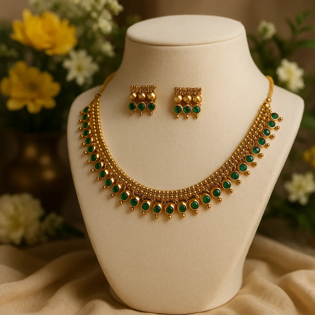 Gold Plated Green Stone Traditional Necklace Set for Women | Ethnic Jewellery with Earrings | Festive Wear, Wedding Wear & Daily Fashion | Green Stone Jewelry - sigmatrends