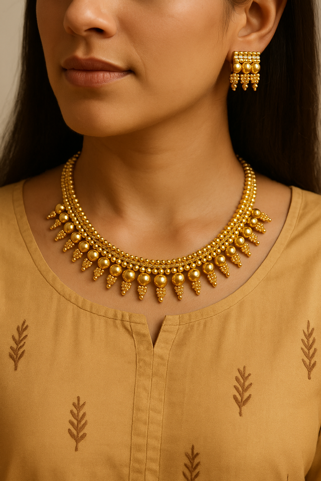 Traditional Gold-Tone Temple Necklace Set for Women | Equal-Size Ball Design | Bridal & Festive Jewelry with Matching Earrings - sigmatrends