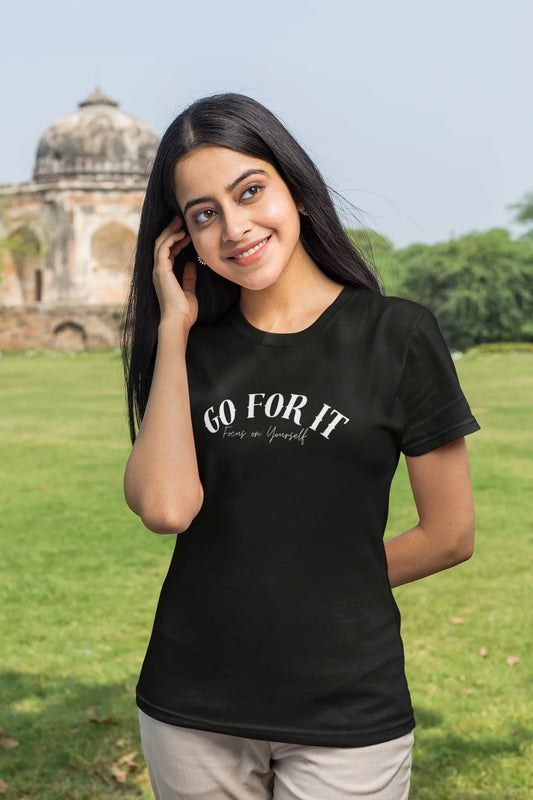 GO FOR IT WOMEN BLACK RELAXED FIT T-SHIRT - Sigma Trends