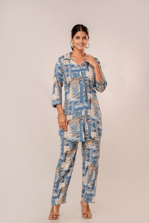 Women's Rayon Printed Plus Size Coord Set Blue - sigmatrends