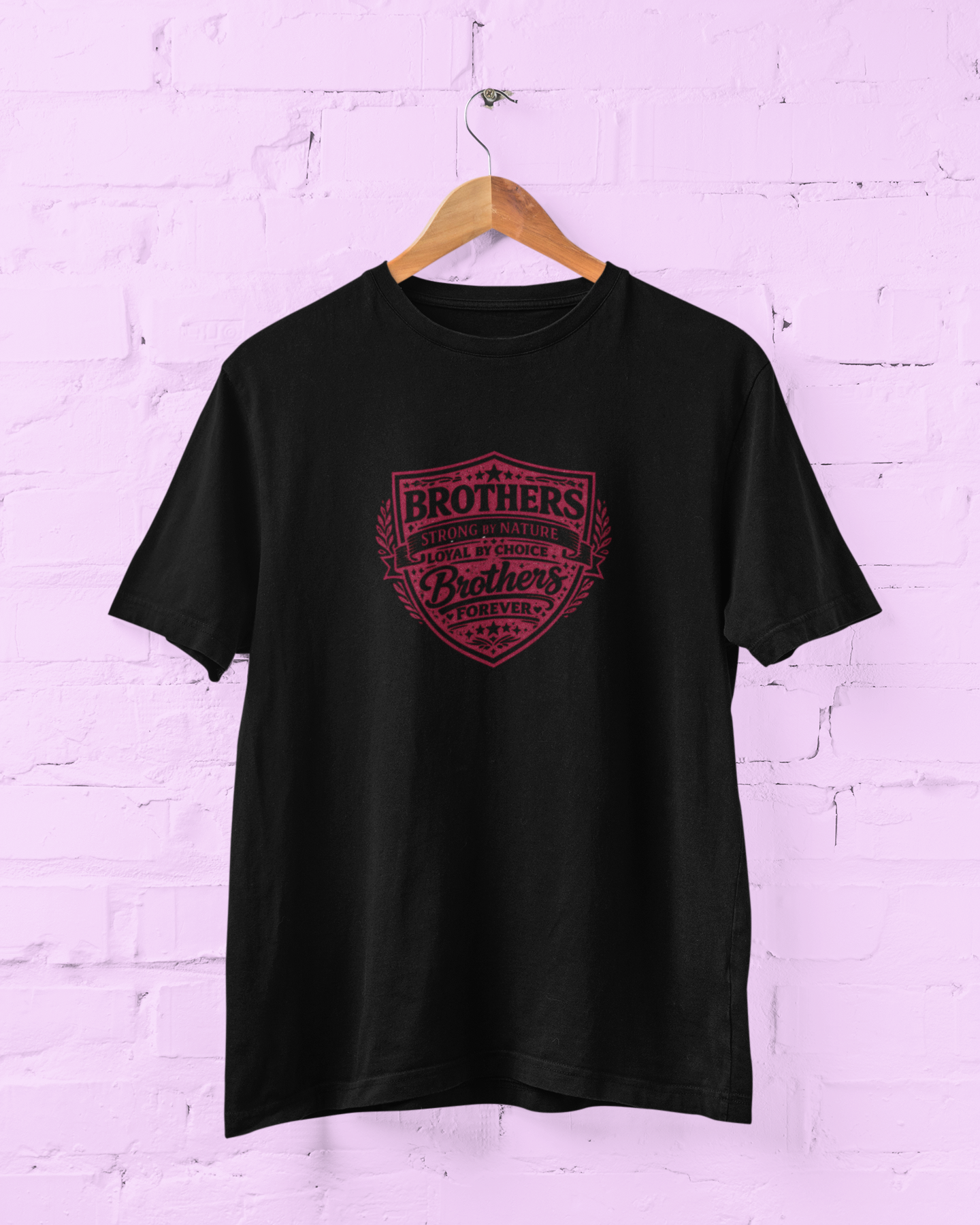 Brother Shield Typography Black T-Shirt featuring a Brothers Forever Strong by Nature quote in deep rose pink with a vintage shield graphic design Size S-7XL - sigmatrends