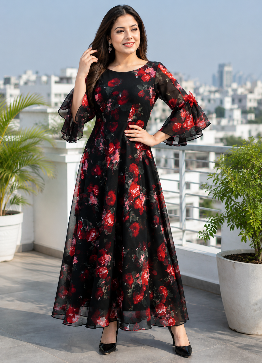 long sleeve floral print plus size dress