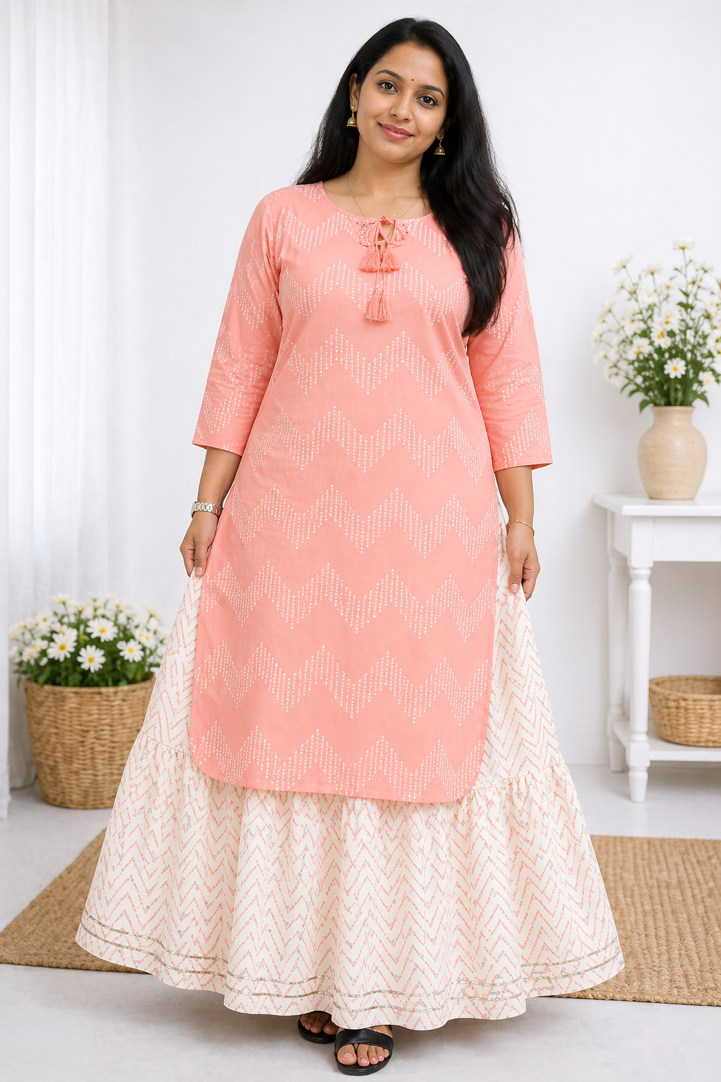 Women's printed plus size rayon kurta with skirt set light peach ethnic wear full length - sigmatrends