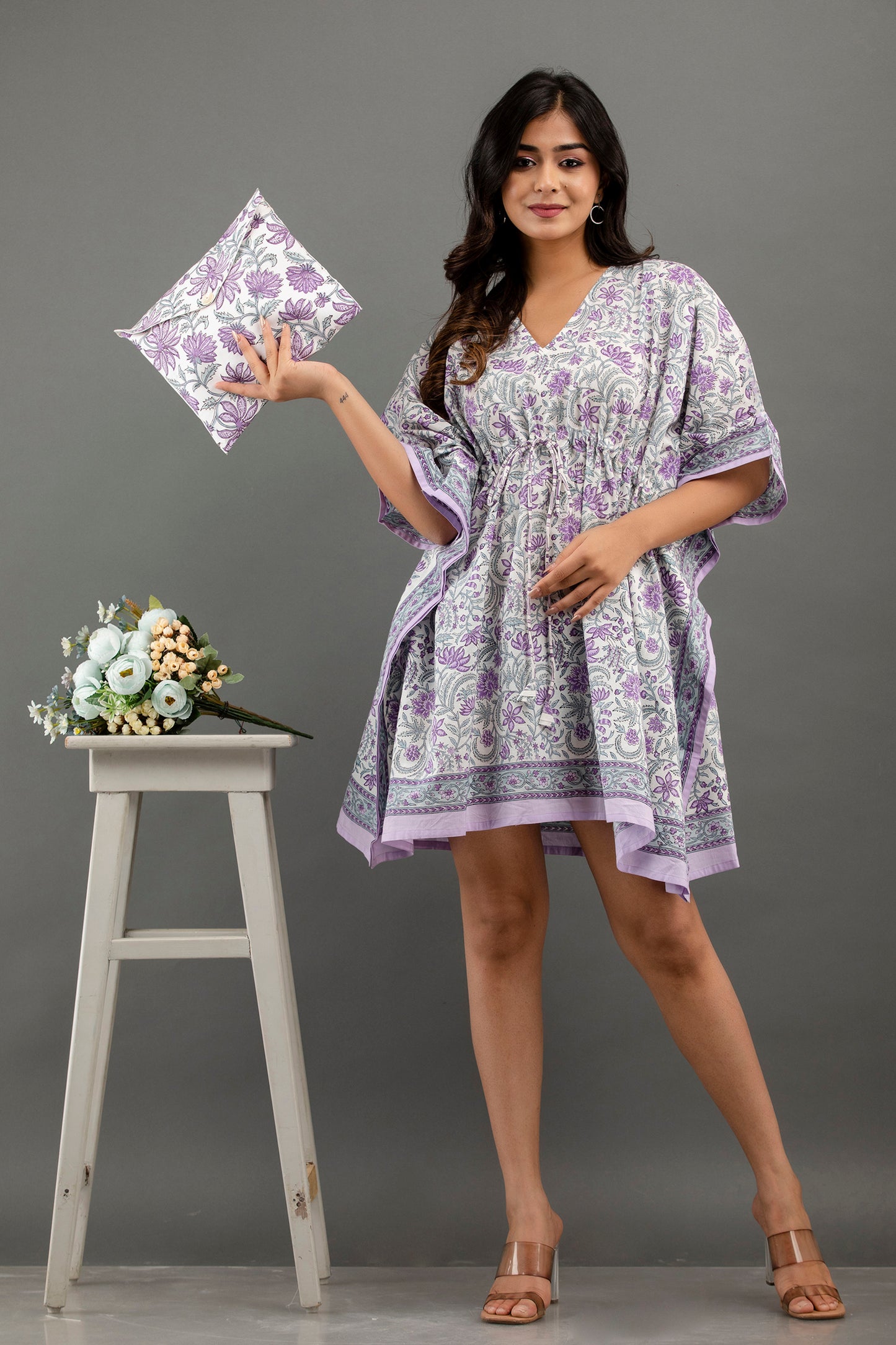 Hand Block Printed Cotton Kaftan Purple Sigmatrends