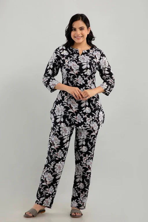 Women's Rayon Printed Plus Size Night Suit Set of Shirt and Pyjama - Sigma Trends