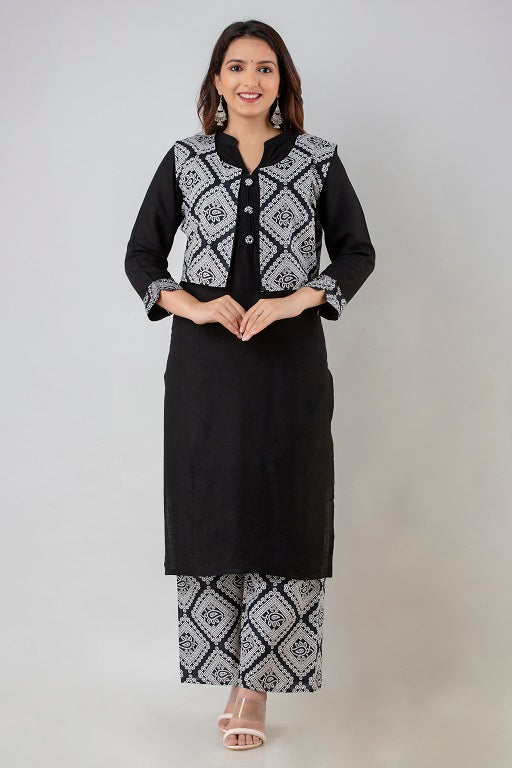 Women's Plus Size Rayon Printed  Straight Kurta Jacket and Palazzo Set Black - sigmatrends