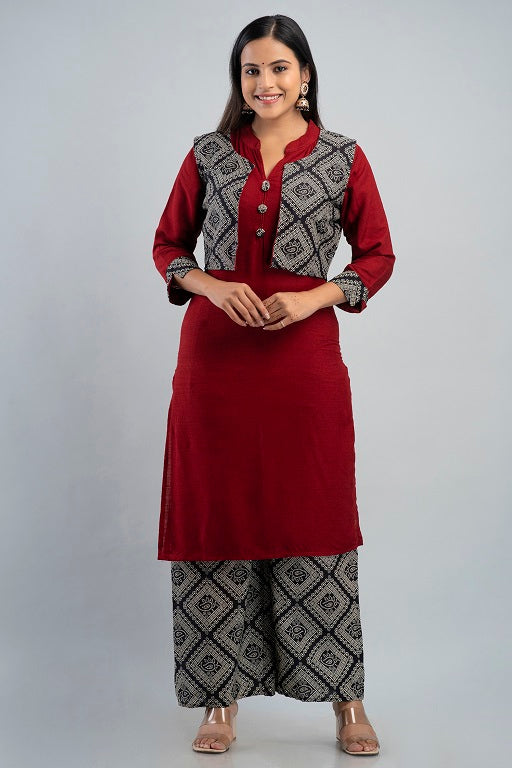 Women's Plus Size Rayon Printed  Straight Kurta Jacket and Palazzo Set Maroon - sigmatrends