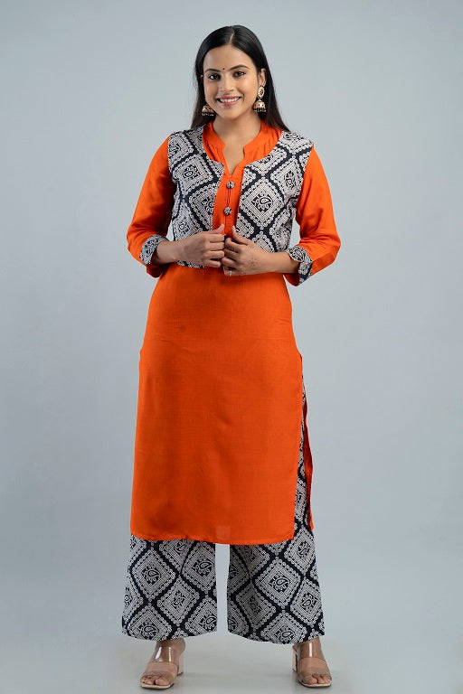 Women's Plus Size Rayon Printed  Straight Kurta Jacket and Palazzo Set Orange - sigmatrends