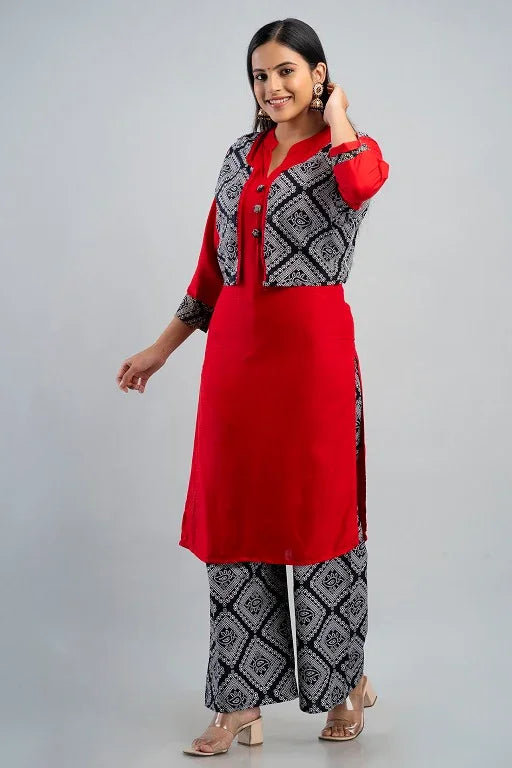 Women's Plus Size Rayon Printed Straight Kurta Jacket and Palazzo Set - Sigma Trends
