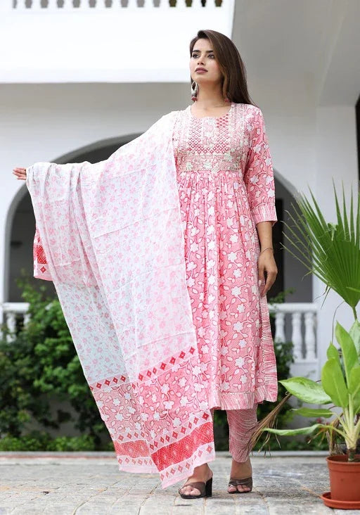 Nayara Cut Plus Size Cotton Printed Kurti With Pant and Dupatta Set - Sigma Trends