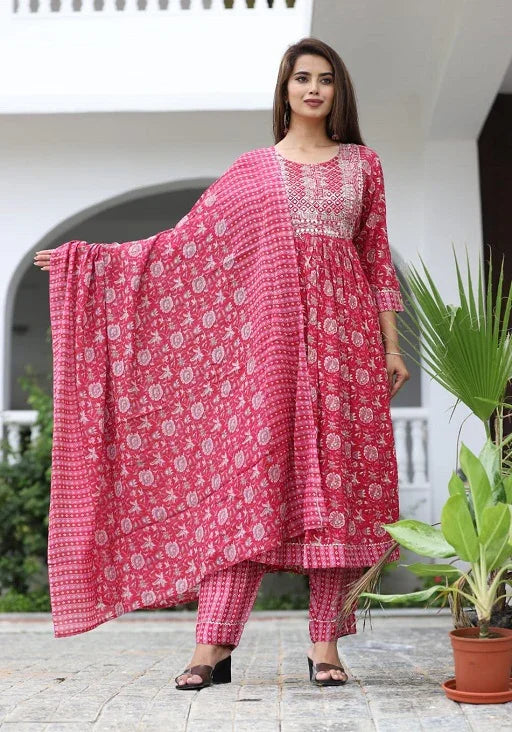 Nayara Cut Plus Size Cotton Printed Kurti With Pant and Dupatta Set - Sigma Trends
