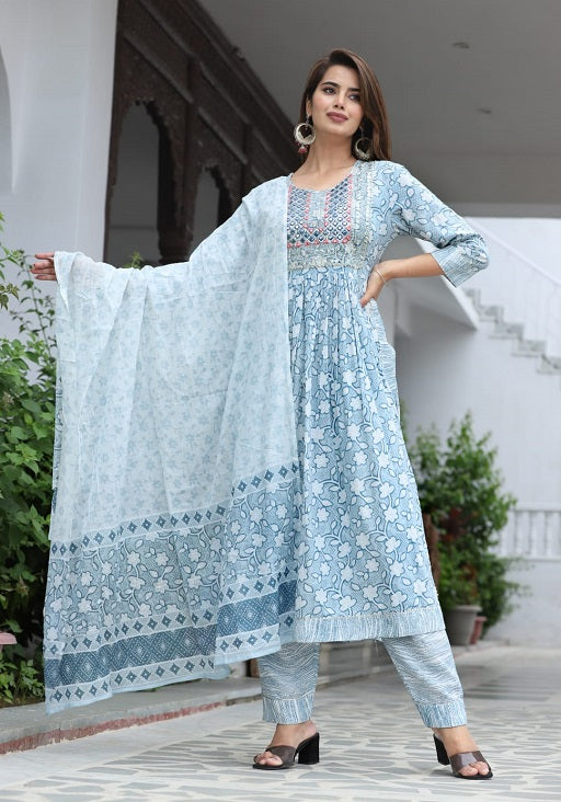 Nayara Cut Plus Size Cotton Printed Kurti With Pant and Dupatta Set Sky Blue - sigmatrends