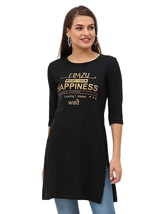 Women's Cotton Printed 3/4 Sleeve Long Top with Slit - Sigma Trends