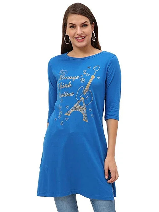 Women's Cotton Printed 3/4 Sleeve Long Top with Slit - Sigma Trends