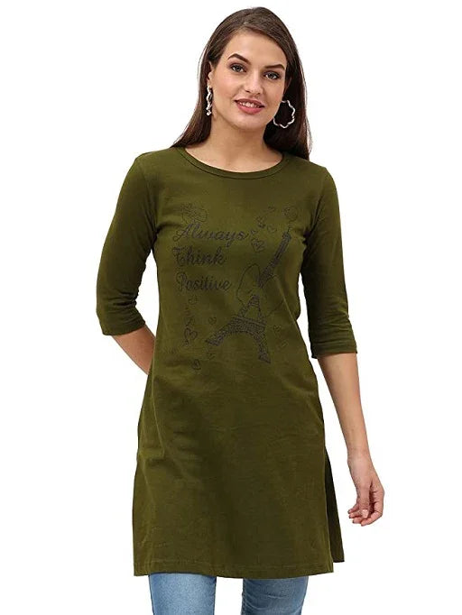 Women's Cotton Printed 3/4 Sleeve Long Top with Slit - Sigma Trends