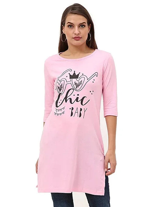 Women's Cotton Printed 3/4 Sleeve Long Top with Slit - Sigma Trends