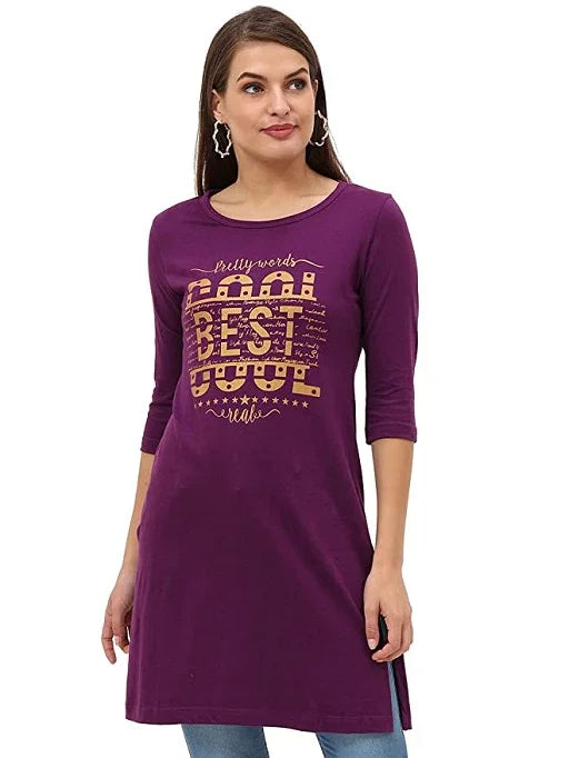 Women's Cotton Printed 3/4 Sleeve Long Top with Slit - Sigma Trends