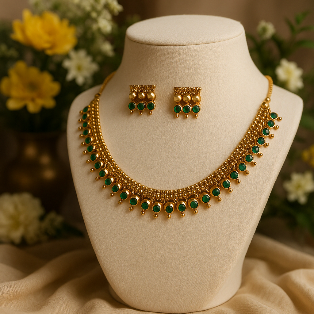 Gold Plated Green Stone Traditional Necklace Set for Women | Ethnic Jewellery with Earrings | Festive Wear, Wedding Wear & Daily Fashion  | Green Stone Jewelry - sigmatrends
