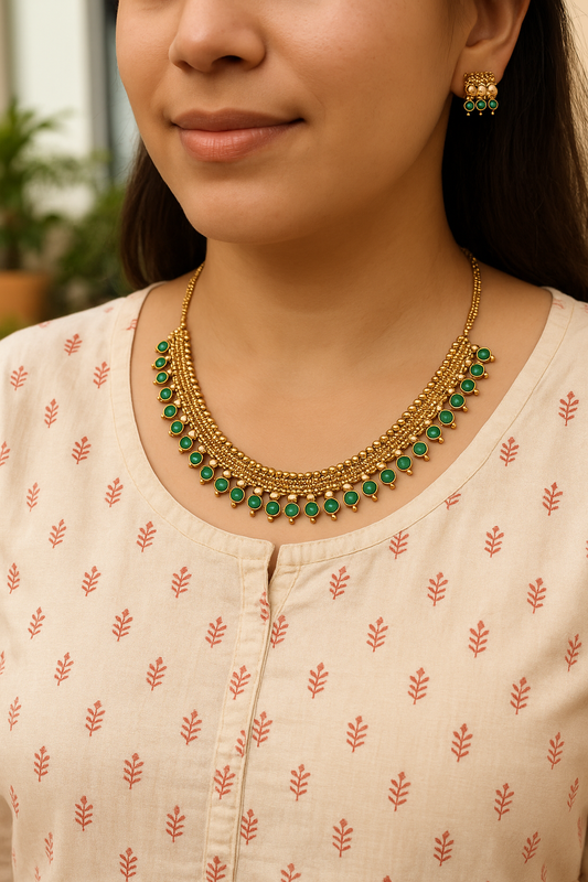 Gold Plated Green Stone Traditional Necklace Set for Women | Ethnic Jewellery with Earrings | Festive Wear, Wedding Wear & Daily Fashion - sigmatrends
