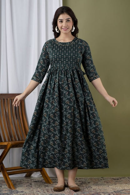 Green Premium Cotton Maternity and Feeding Gown Kurtis for Women - sigmatrends