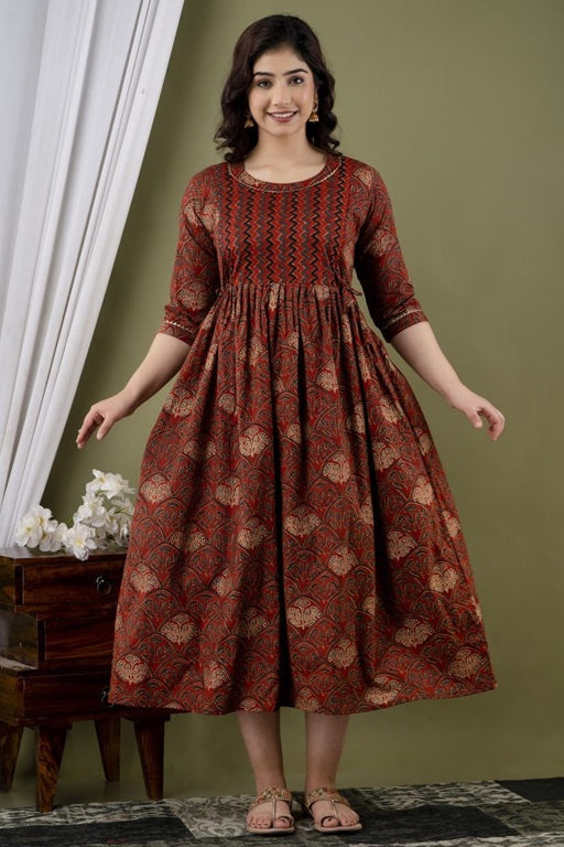 Maroon Premium Cotton Maternity and Feeding Gown Kurtis for Women - sigmatrends