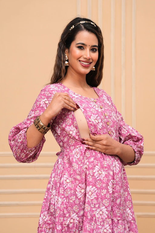 Pink Premium Cotton Maternity and Feeding Gown Kurtis for Women - sigmatrends