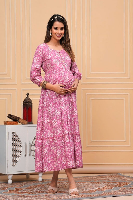 Pink Premium Cotton Maternity and Feeding Gown Kurtis for Women - sigmatrends