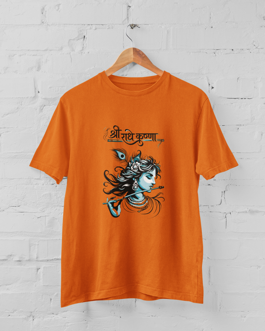 Shree Radhe Krishna Orange Saffron T Shirt unisex spiritual graphic print, Lord Krishna flute design, plus size cotton tee M-7XL - sigmatrends