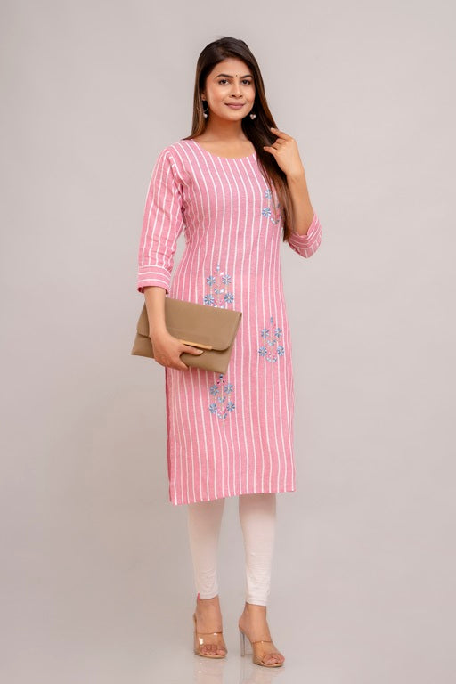 Women South Cotton Embroidered Plus Size A-Line Kurtis Pink - sigmatrends.com