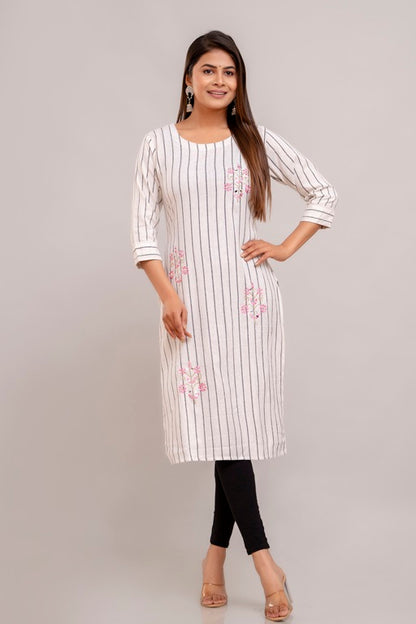 Women South Cotton Embroidered Plus Size A-Line Kurtis White - sigmatrends.com