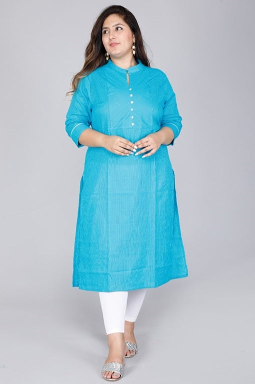 Women's Kantha Cotton Stitched Plus Size Kurta Aqua Cyan - sigmatrends