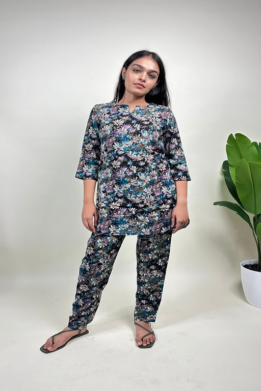 Women's Plus Size Rayon Night Suit Set Printed Shirt and Pyjama Black - sigmatrends