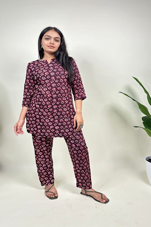 Women's Plus Size Rayon Night Suit Set Printed Shirt and Pyjama Maroon - sigmatrends