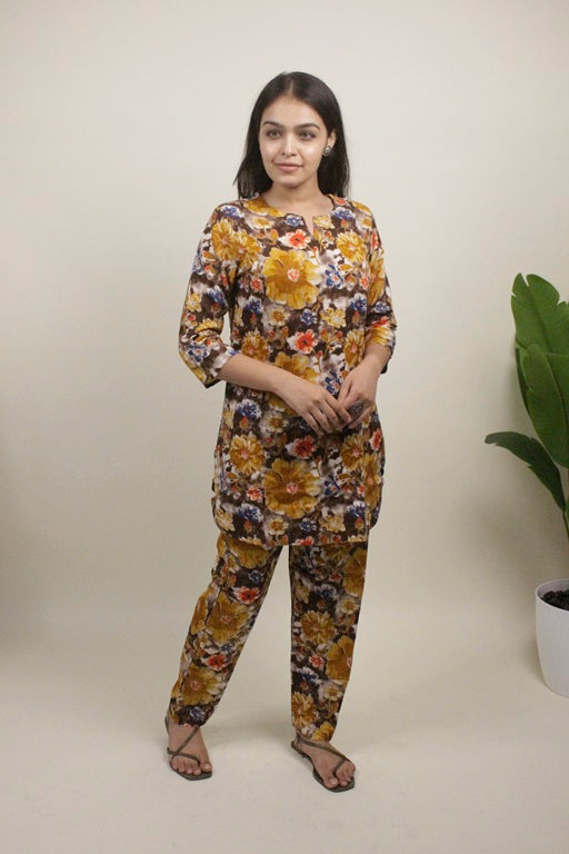 Women's Plus Size Rayon Night Suit Set Printed Shirt and Pyjama Yellow - sigmatrends