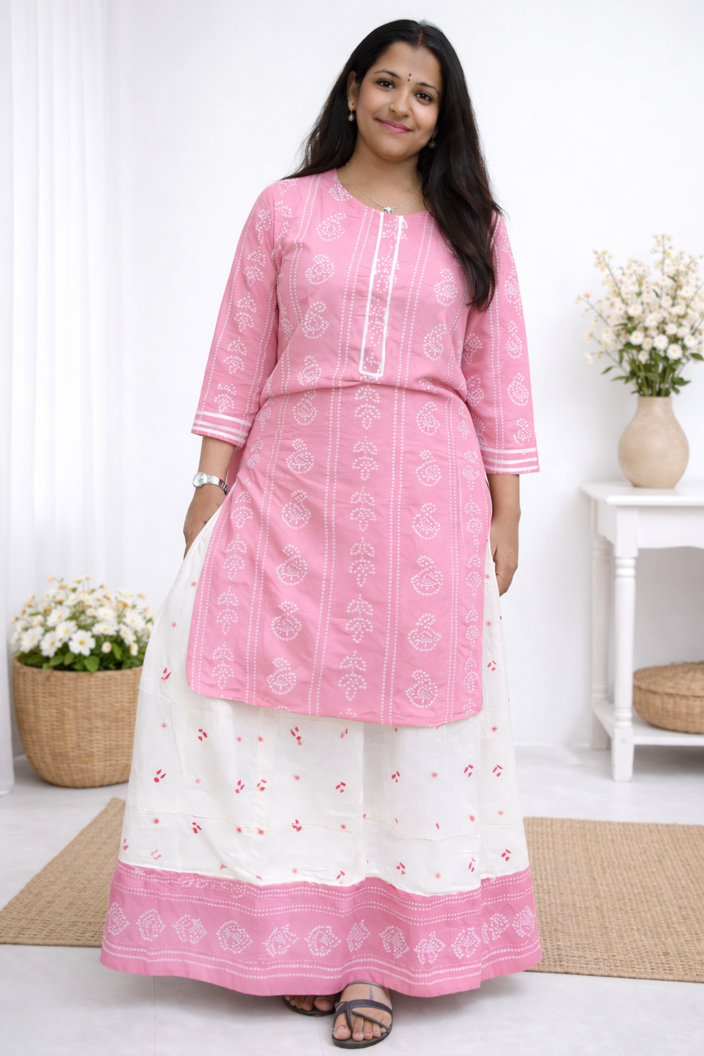 Women's Printed Rayon Kurta with Skirt Set Baby Pink - sigmatrends