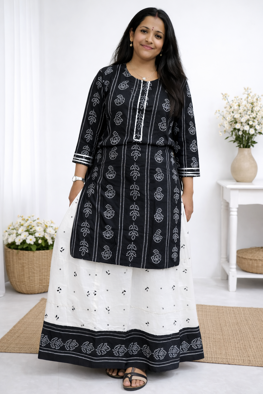 Women's Printed Rayon Kurta with Skirt Set Black - sigmatrends