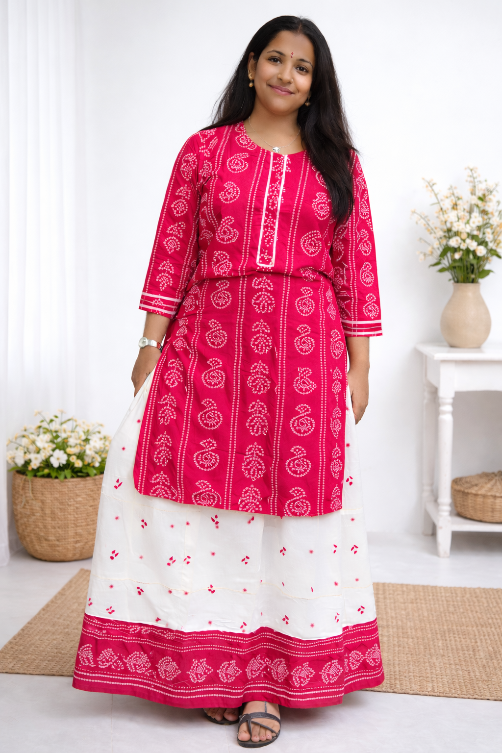 Women's Printed Rayon Kurta with Skirt Set Deep Pink - sigmatrends