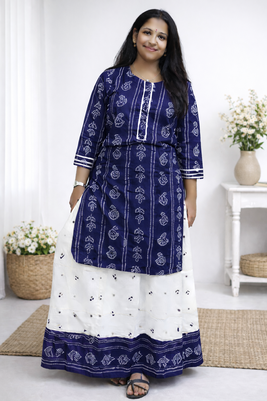 Women's Printed Rayon Kurta with Skirt Set Navy - sigmatrends