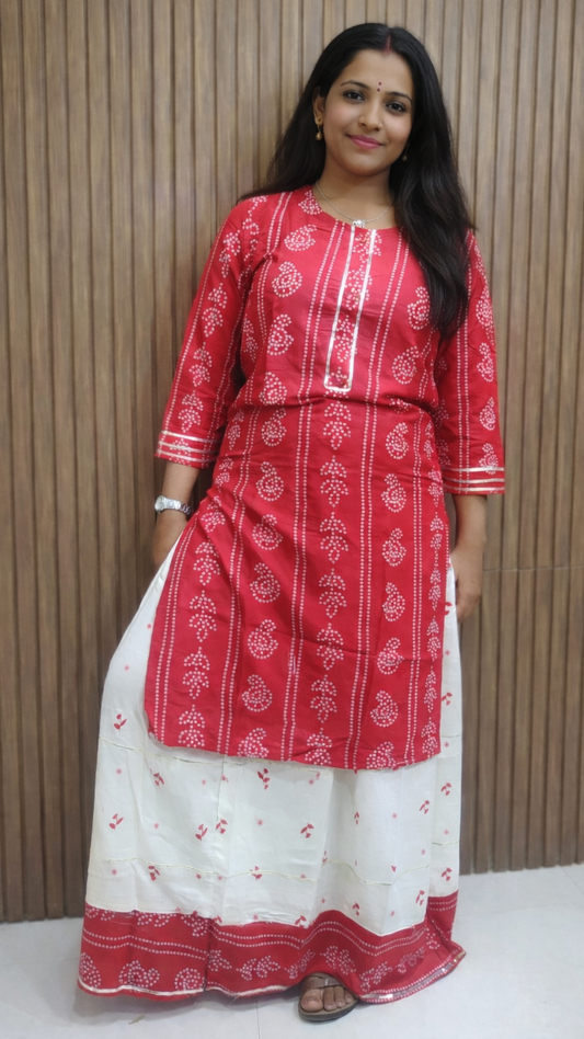 Womens Printed Rayon Red Kurta with Skirt Set - sigmatrends