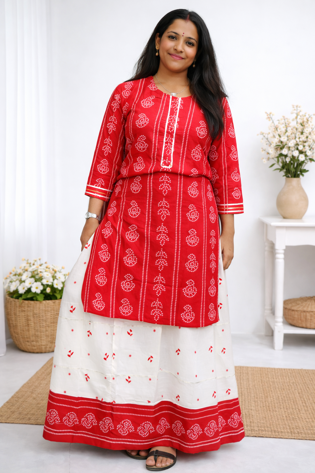 Women's Printed Rayon Kurta with Skirt Set Red - sigmatrends