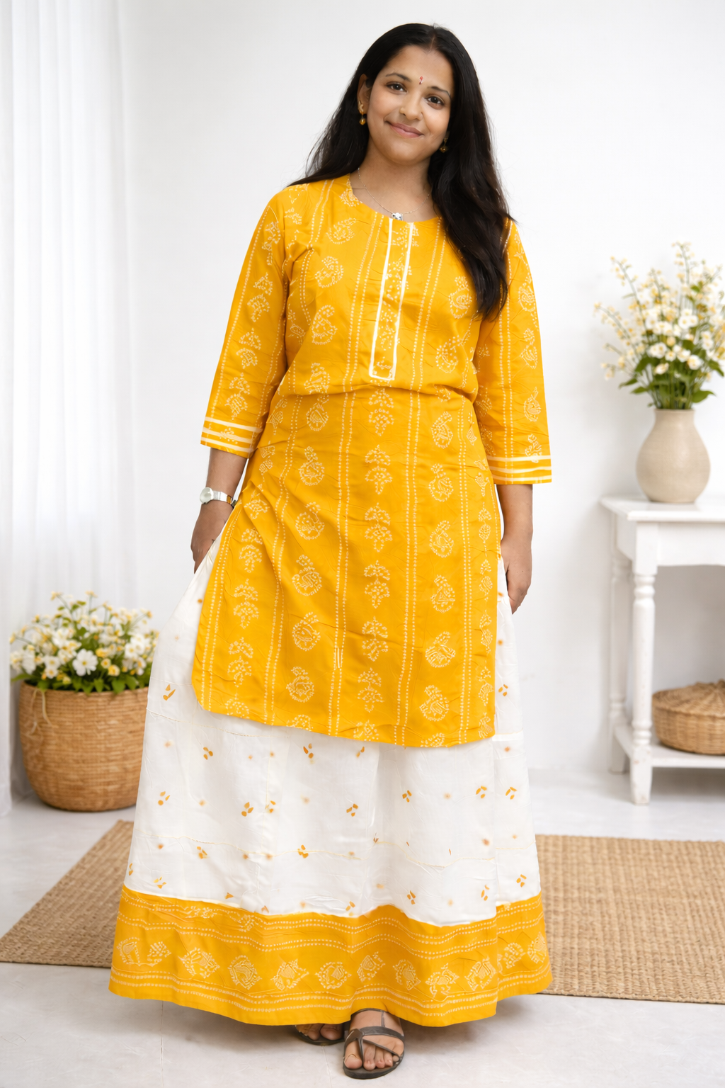 Women's Printed Rayon Kurta with Skirt Set Yellow - sigmatrends