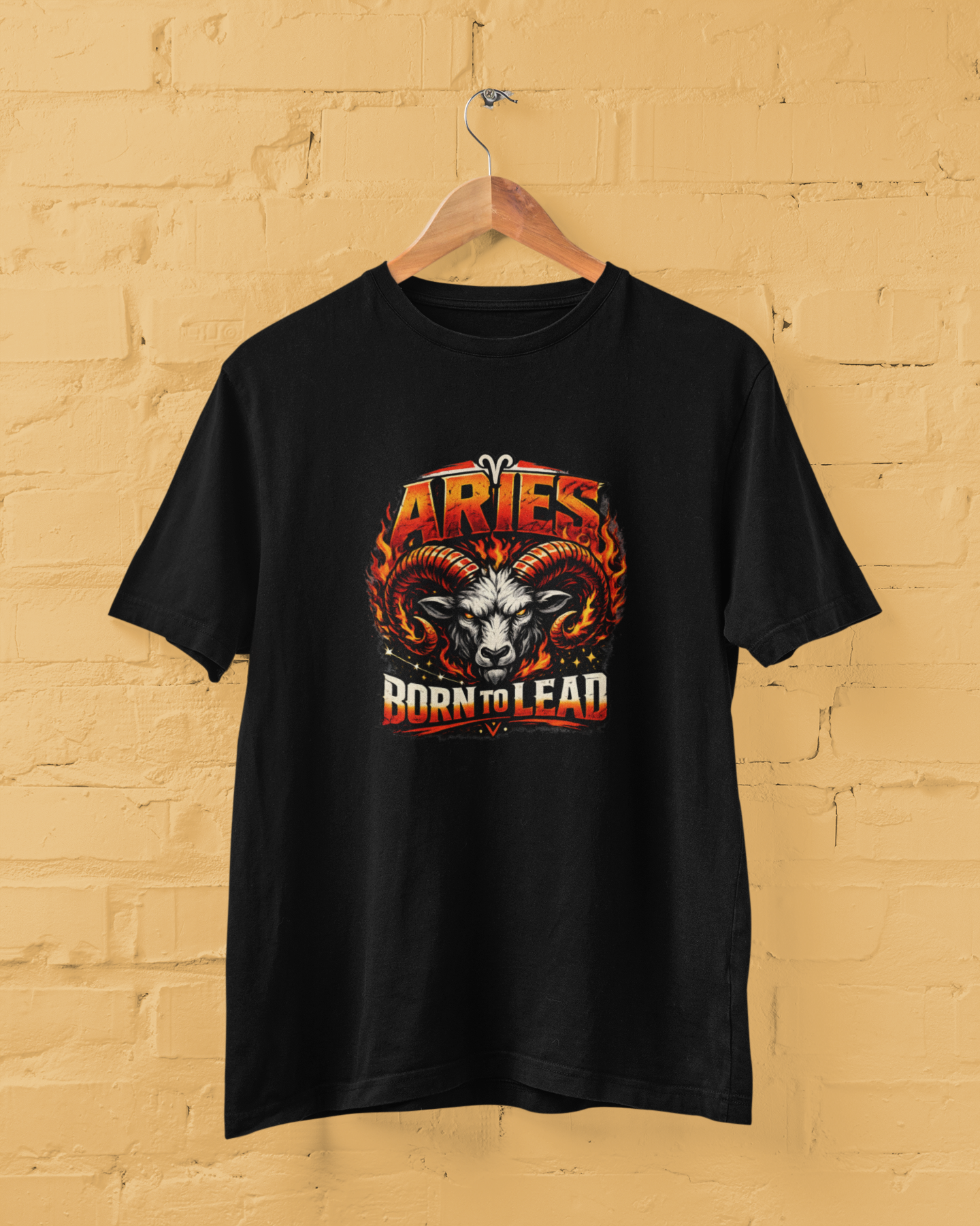 Aries Born To Lead T Shirt with fire zodiac ram graphic, bold streetwear design, unisex cotton tee, plus size M to 7XL Black Color - sigmatrends