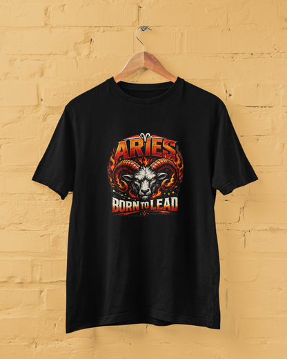 Aries Born To Lead T Shirt with fire zodiac ram graphic, bold streetwear design, unisex cotton tee, plus size M to 7XL Black Color - sigmatrends
