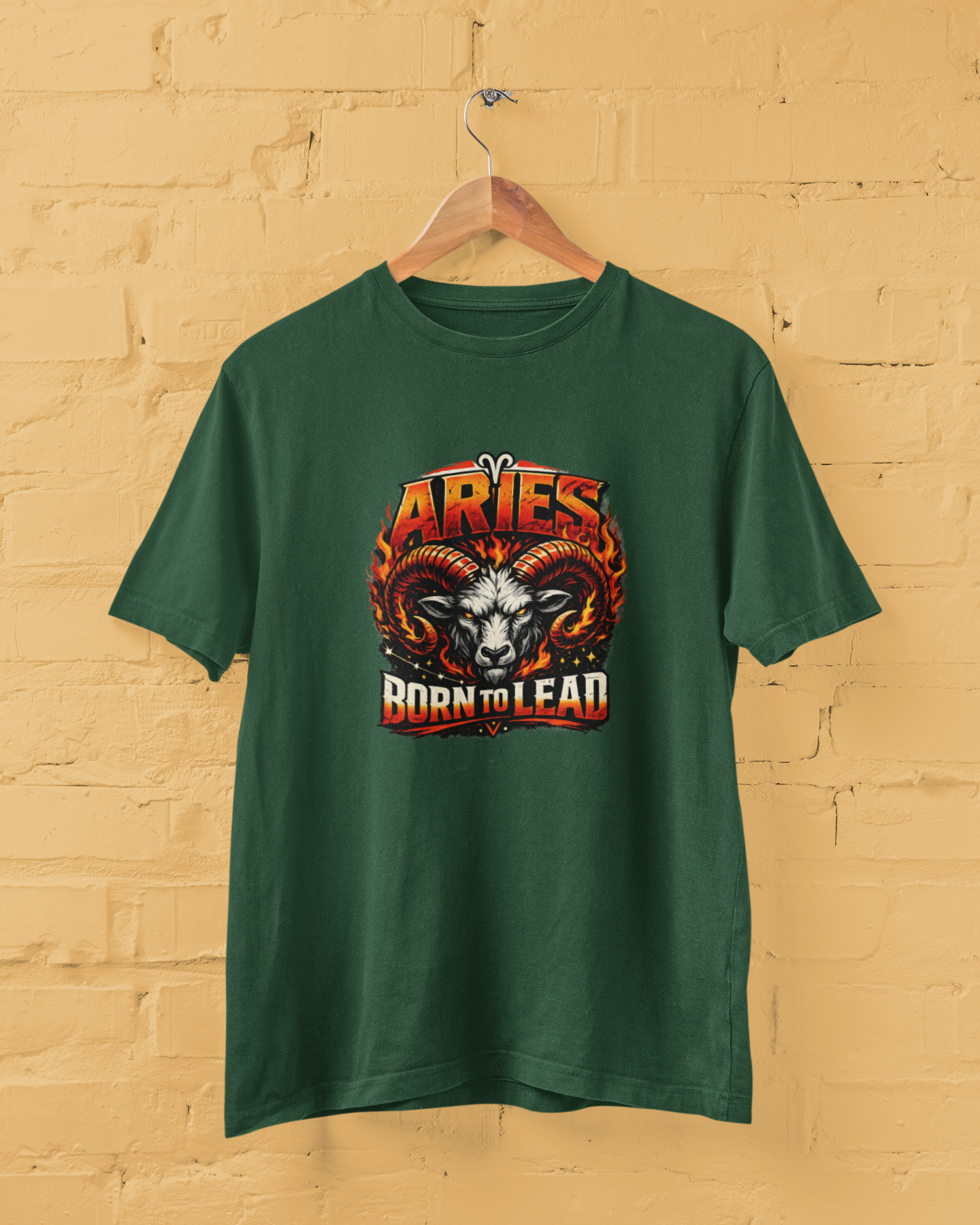 Aries Born To Lead T Shirt with fire zodiac ram graphic, bold streetwear design, unisex cotton tee, plus size M to 7XL Green Color - sigmatrends