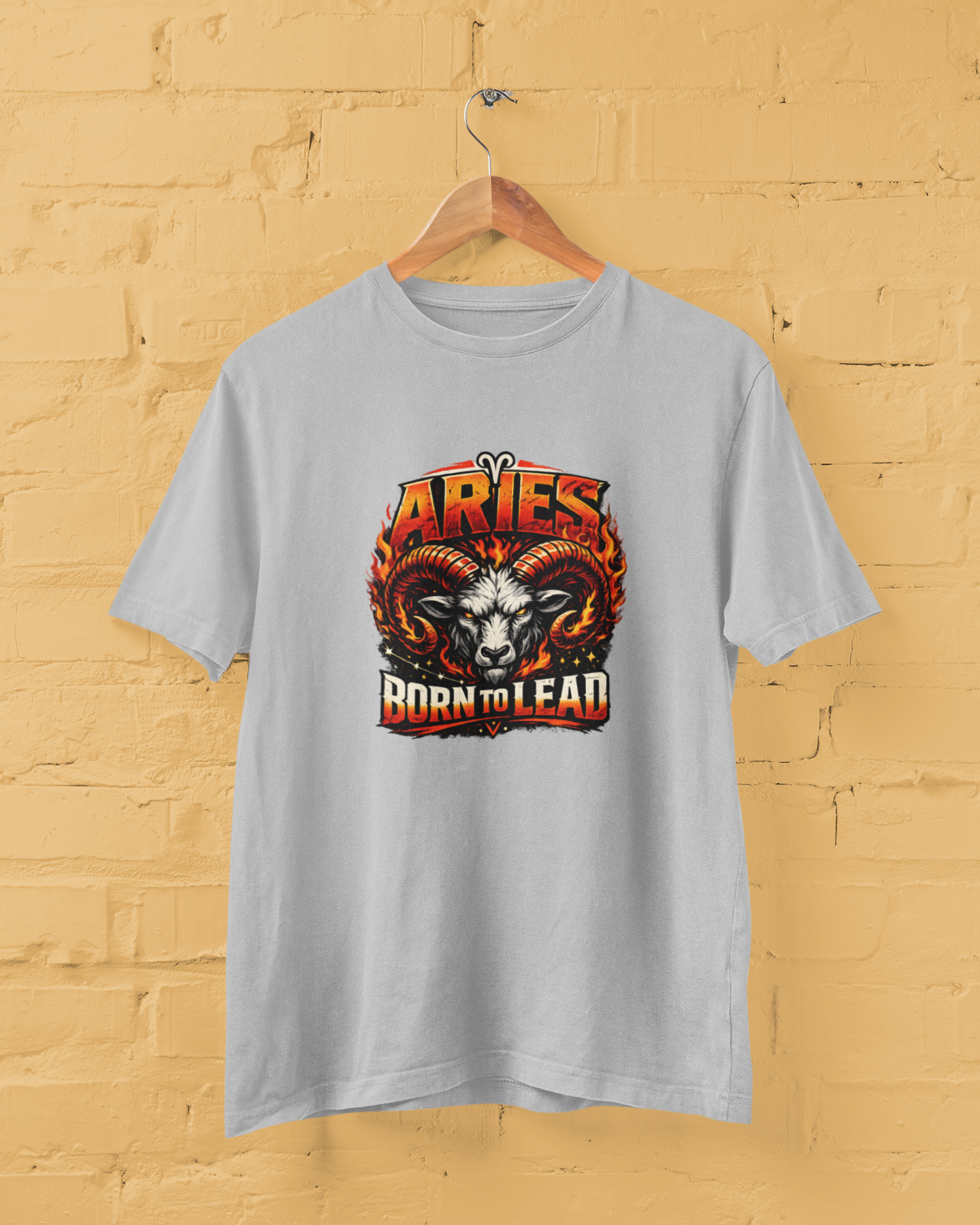 Aries Born To Lead T Shirt with fire zodiac ram graphic, bold streetwear design, unisex cotton tee, plus size M to 7XL Grey Color - sigmatrends