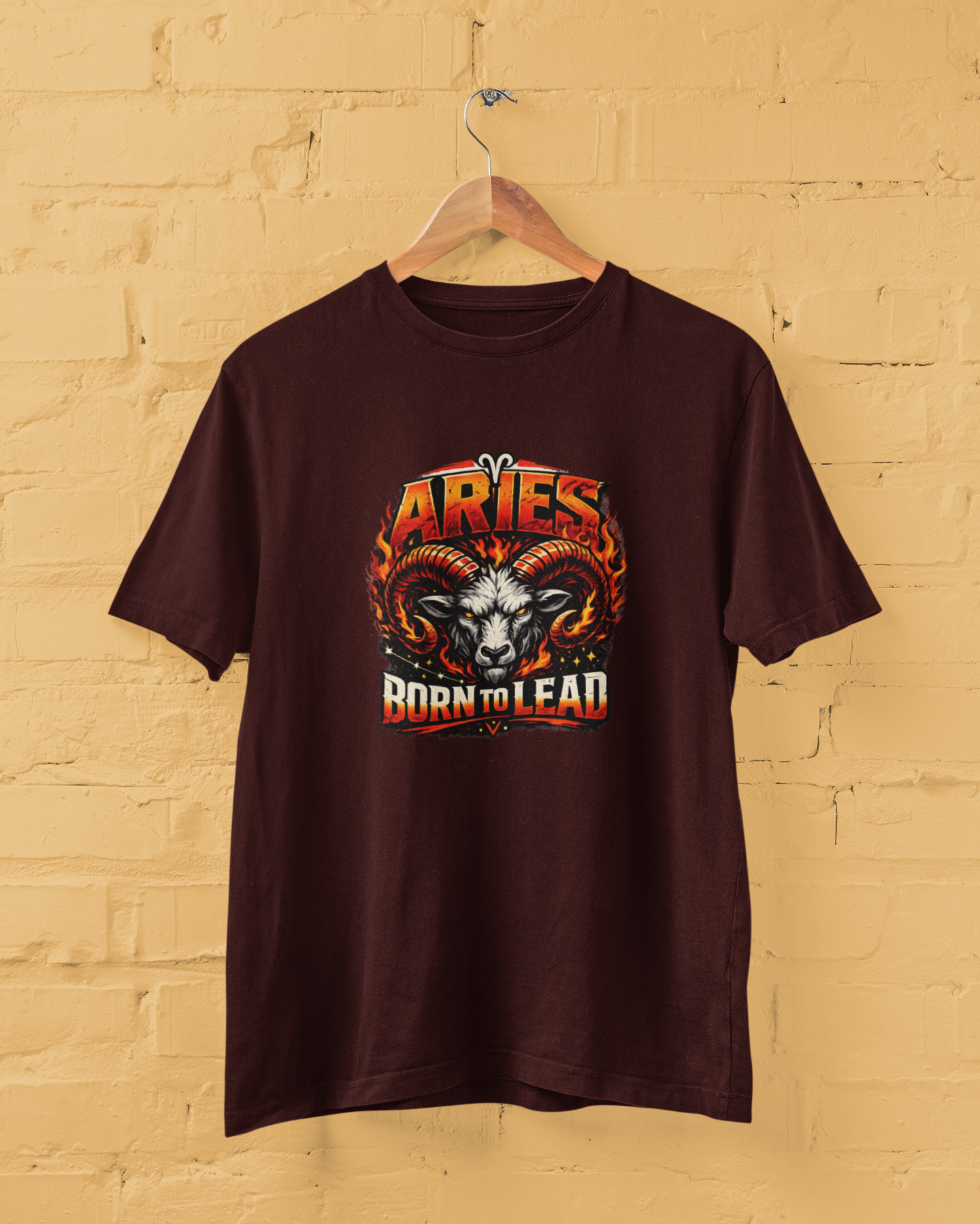 Aries Born To Lead T Shirt with fire zodiac ram graphic, bold streetwear design, unisex cotton tee, plus size M to 7XL Maroon Color - sigmatrends