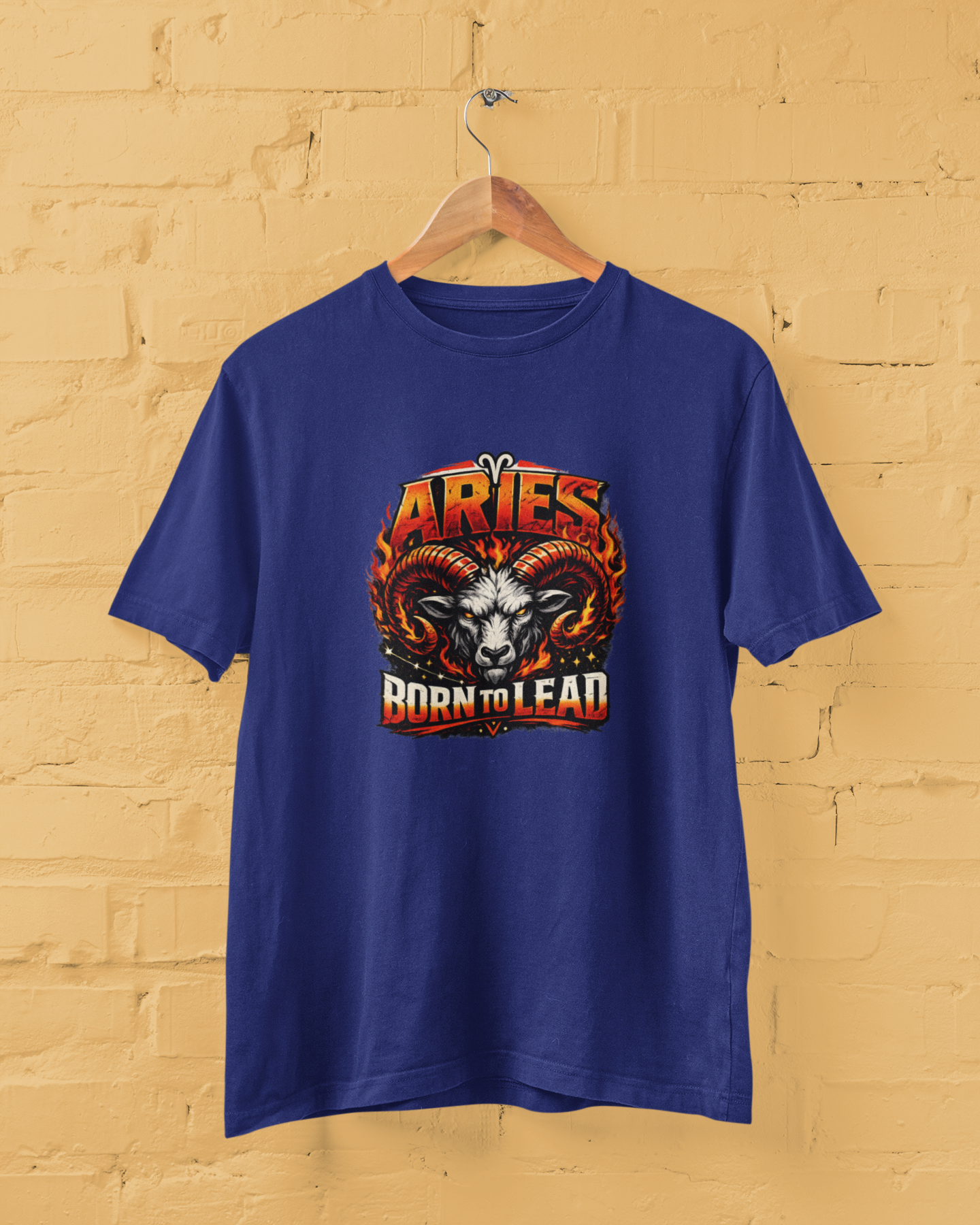 Aries Born To Lead T Shirt with fire zodiac ram graphic, bold streetwear design, unisex cotton tee, plus size M to 7XL Royal Blue Color - sigmatrends