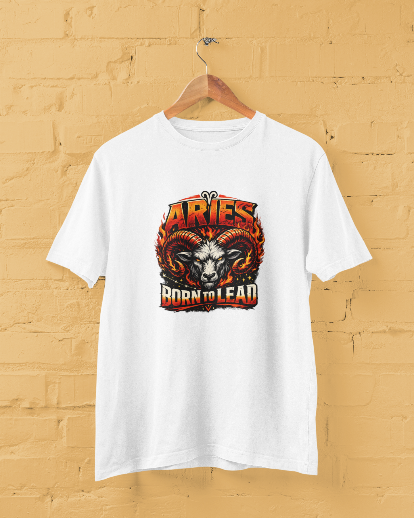 Aries Born To Lead T Shirt with fire zodiac ram graphic, bold streetwear design, unisex cotton tee, plus size M to 7XL White Color - sigmatrends