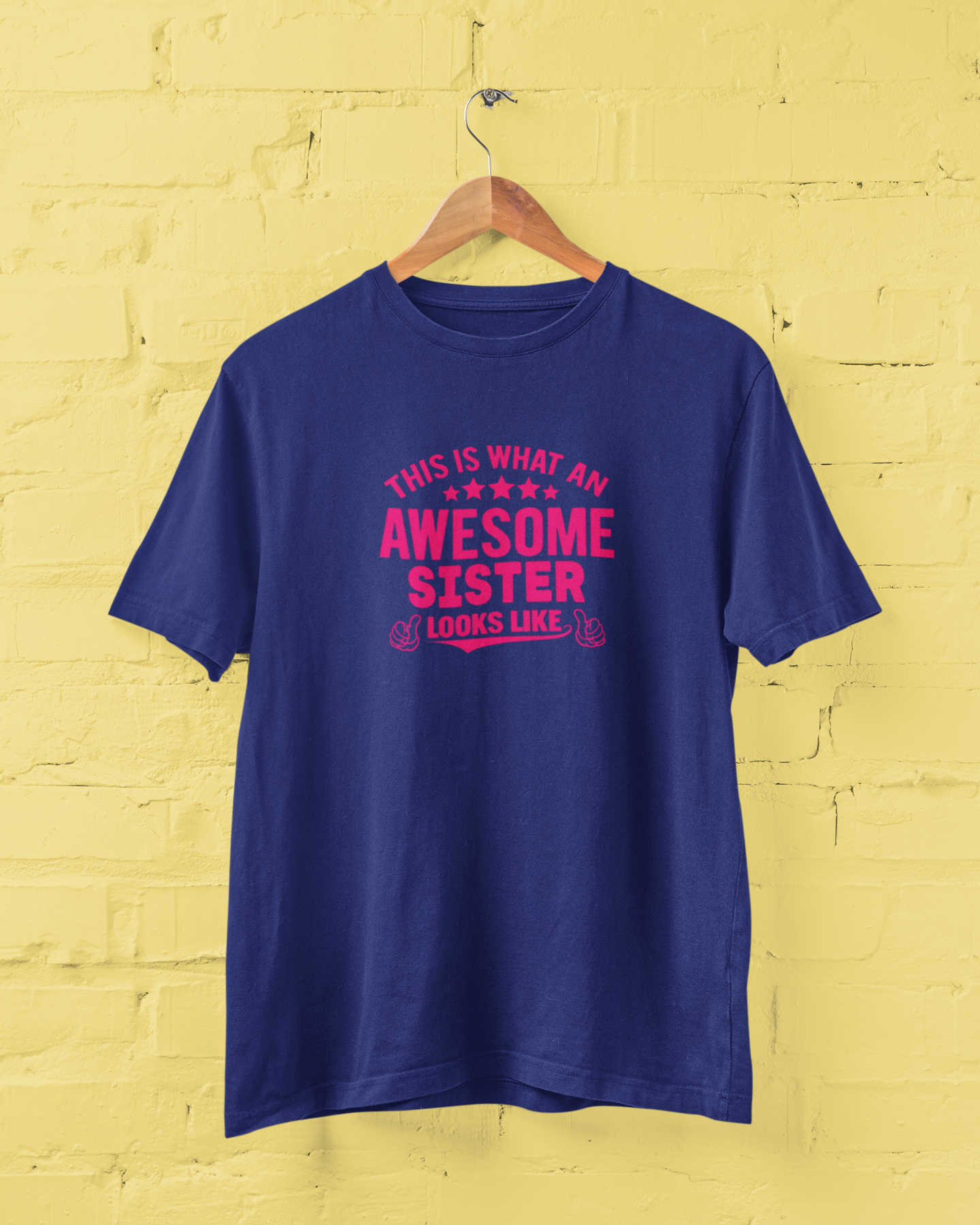 Awesome Sister Royal Blue T-Shirt for Women featuring "This Is What an Awesome Sister Looks Like" quote in bold pink typography with thumbs-up graphics. Funny sister graphic tee and perfect birthday gift for sisters. Available in sizes S-7XL - sigmatrends