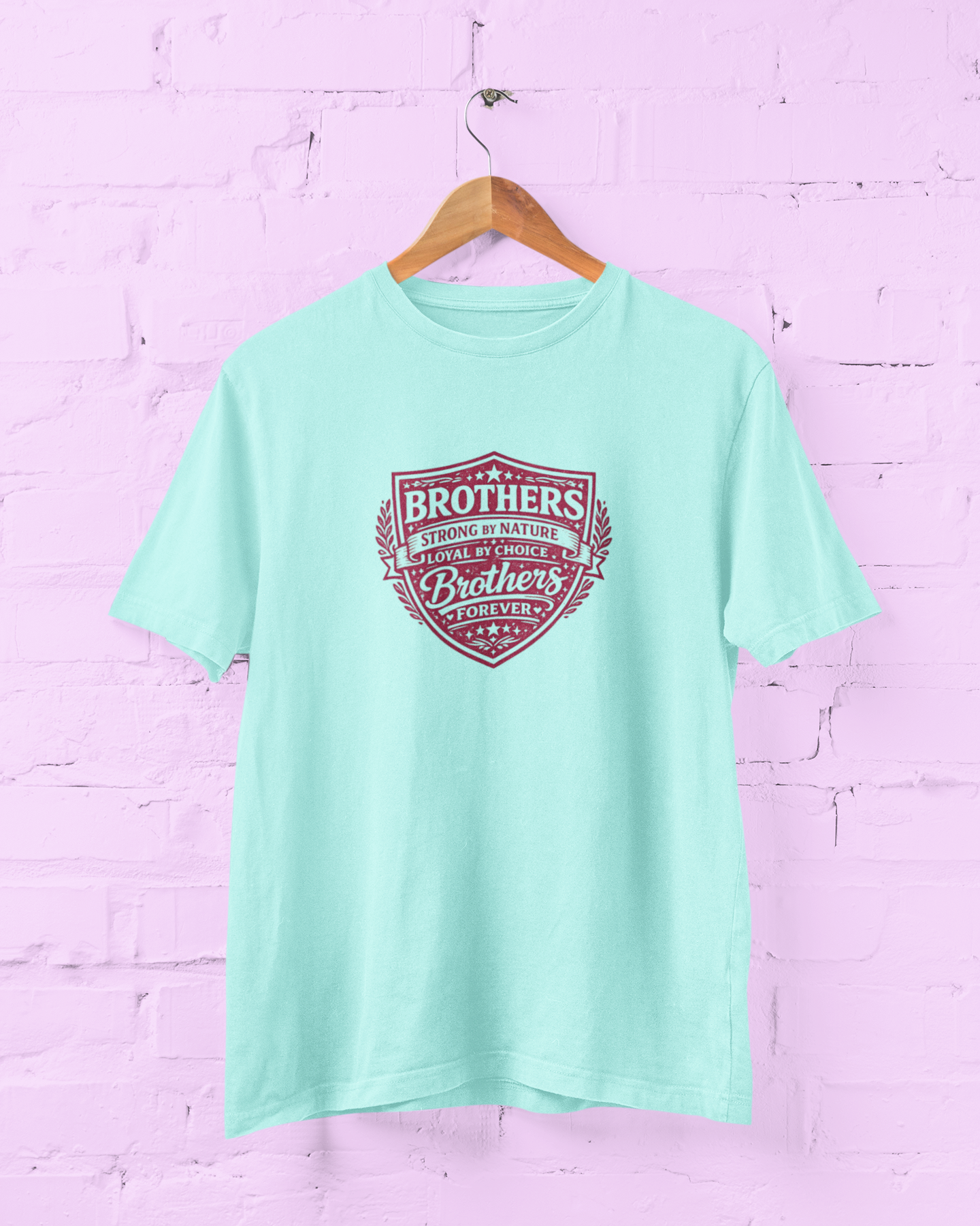 Brother Shield Typography Mint T-Shirt featuring a Brothers Forever Strong by Nature quote in deep rose pink with a vintage shield graphic design Size S-7XL - sigmatrends